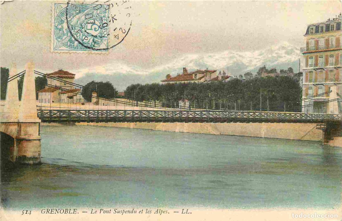 Cartes Postales: France - 38 - Grenoble - Le Pont Suspendu et les Alpes - Coloris&eacute;e - CPA - Oblit&eacute;ration ronde de 190