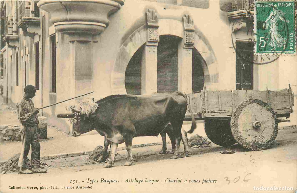 Postais: France - 64 - Types Basques - Attelage basque - Chariot &agrave; roues pleines - Anim&eacute;e - B�ufs - CPA - Obl