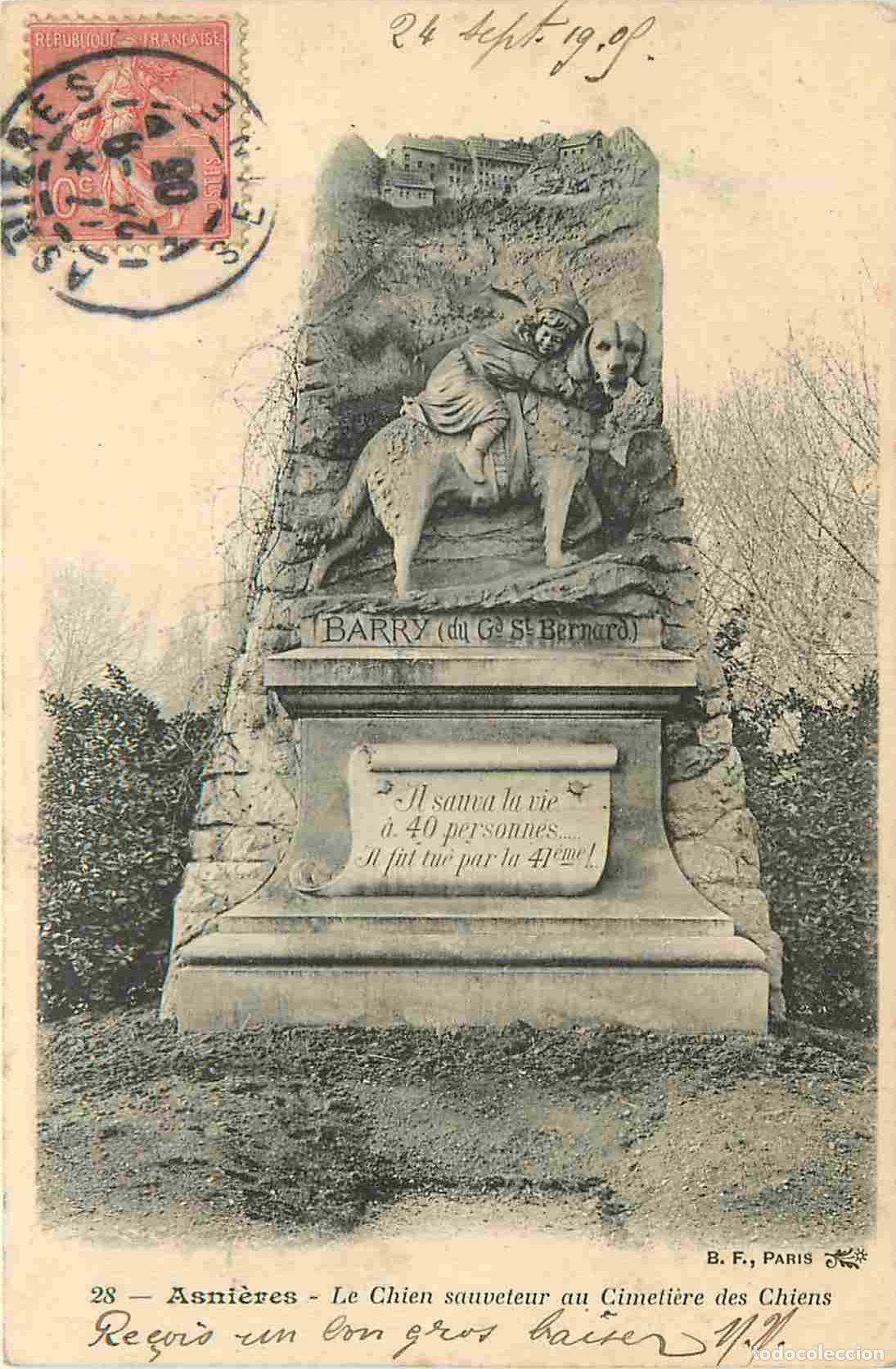 Postkarten: France - 92 - Asnieres sur Seine - Cimeti&egrave;re des Chiens - Monument de Barry sauveteur - CPA - Oblit&eacute;