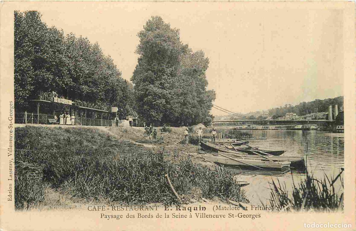 Cartoline: France - 94 - Villeneuve Saint Georges - Caf&eacute; Restaurant E Raquin - Paysage des Bords de la Seine &agrave;