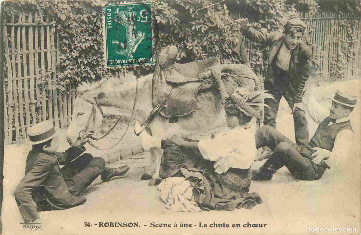 Postales: France - 92 - Robinson - Sc&egrave;ne &agrave; &acirc;ne - La chute en choeur - Anim&eacute;e - CPA - Oblit&eacute;ration de 1911 - Et
