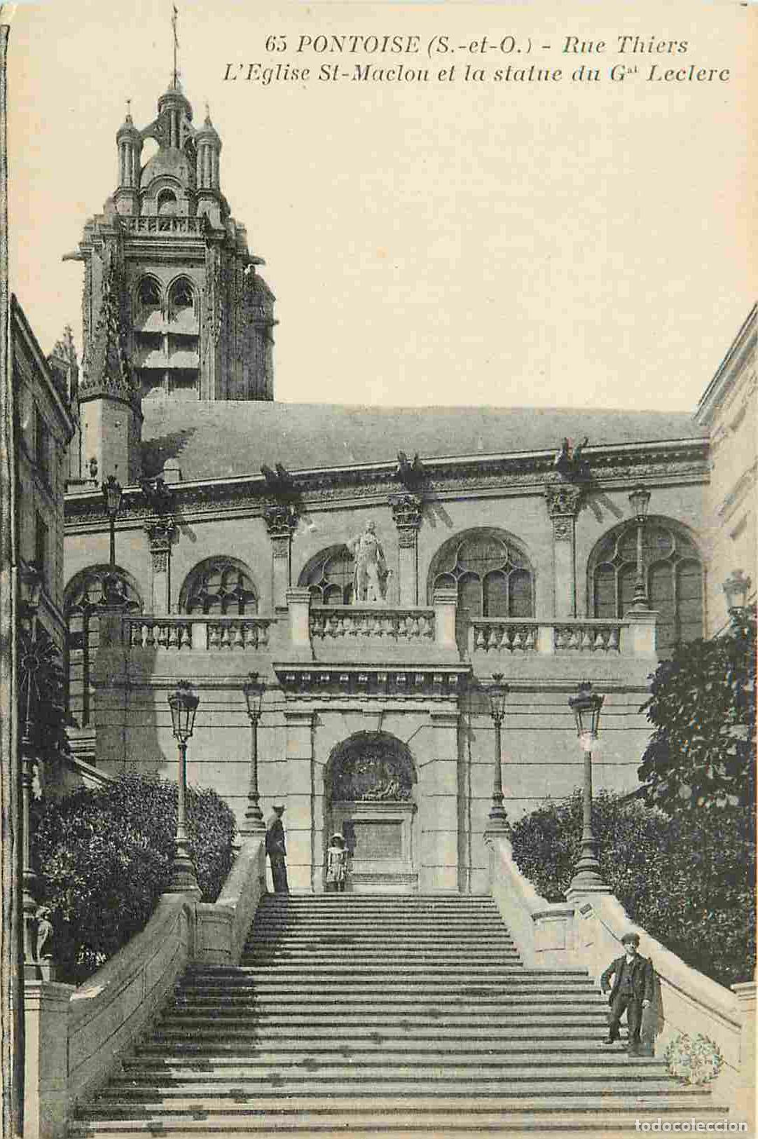 Postais: France - 95 - Pontoise - Rue Thiers - L'Eglise St-Maclou et la statue du G&eacute;n&eacute;ral Leclerc - Anim&eacute;e -