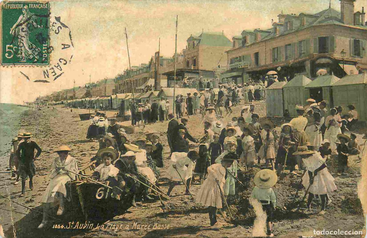 Cartoline: France - 14 - Saint Aubin sur Mer - La plage &agrave; mar&eacute;e basse - Anim&eacute;e - Coloris&eacute;e - CPA - Oblit&eacute;ration