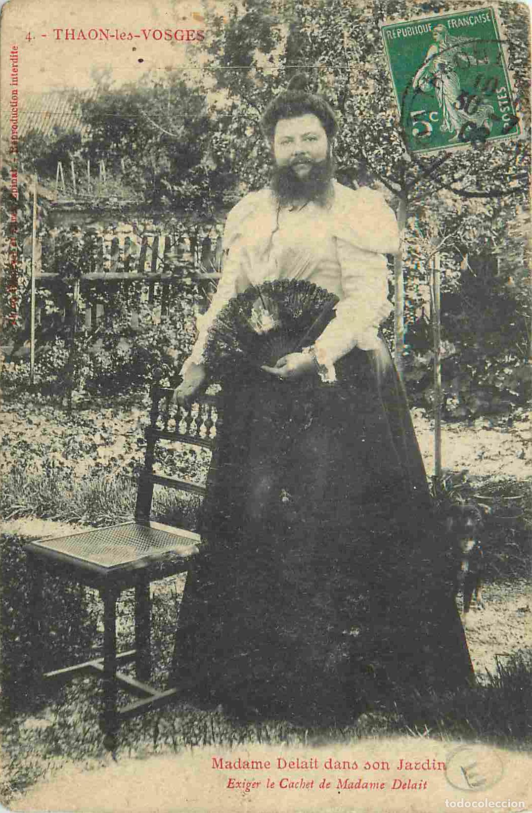 Postais: France - 88 - Thaon les Vosges - Madame Delait dans son jardin - Anim&eacute;e - Femme &agrave; barbe - &eacute;ventail -