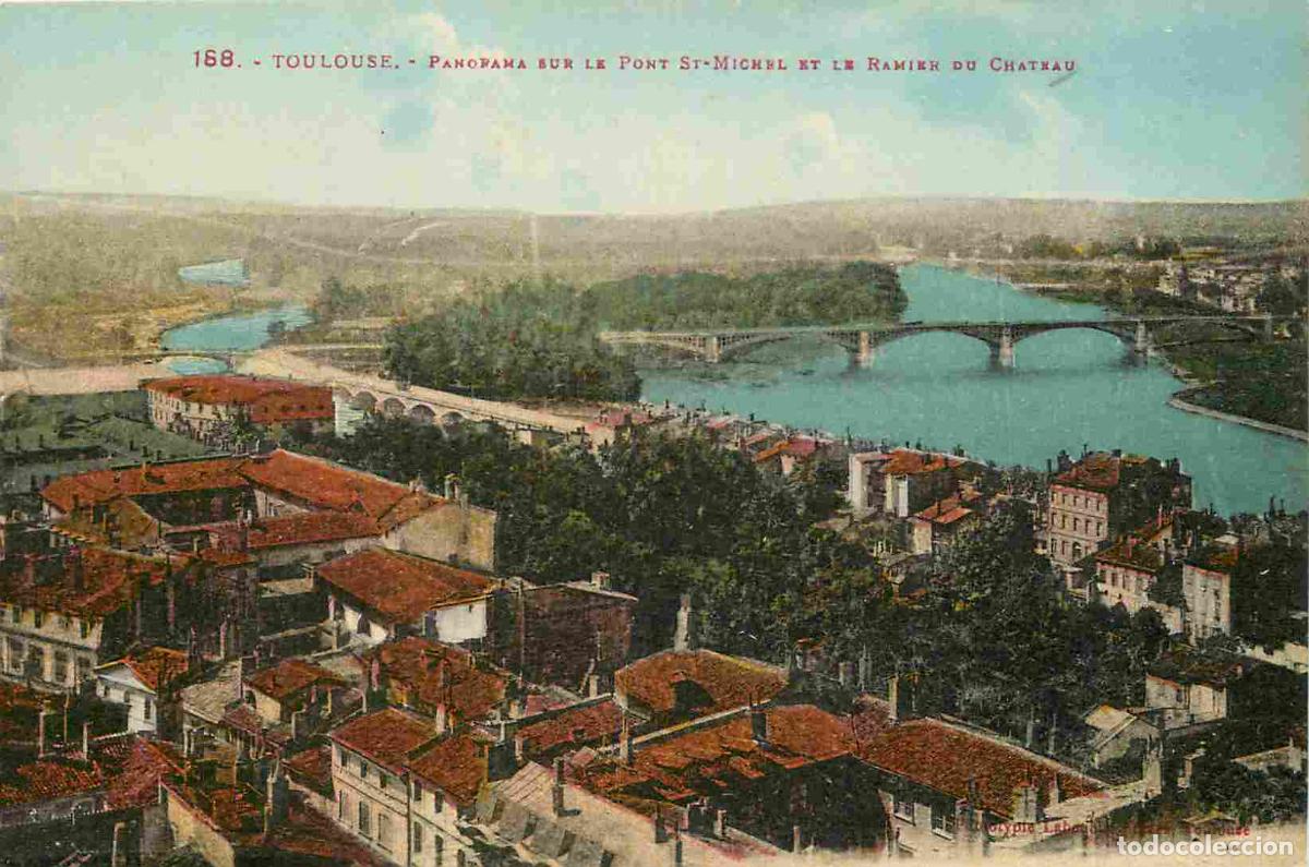 Cartoline: France - 31 - Toulouse - Panorama sur le pont Saint-Michel et le Ramier-Du Ch&acirc;teau - Coloris&eacute;e - CP