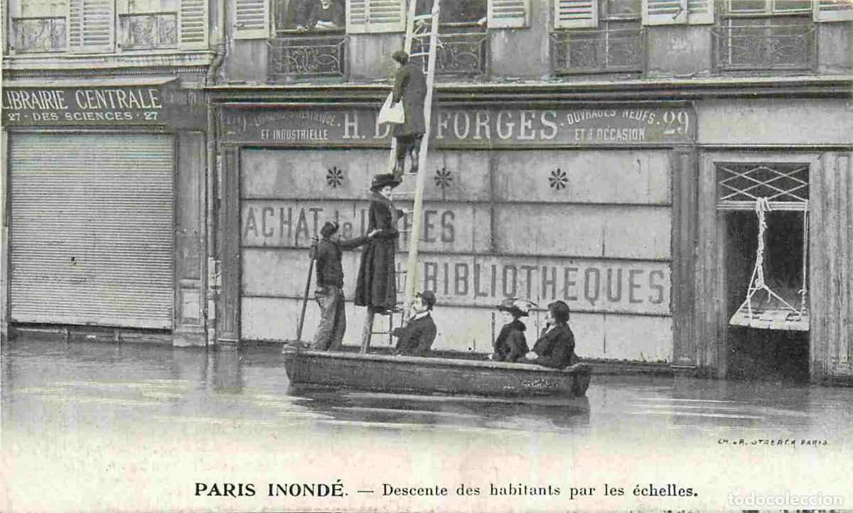 Postais: France - 75 - Paris - Paris inond&eacute; - Descente des habitants par les &eacute;chelles - Anim&eacute;e - Publicit&eacute; la