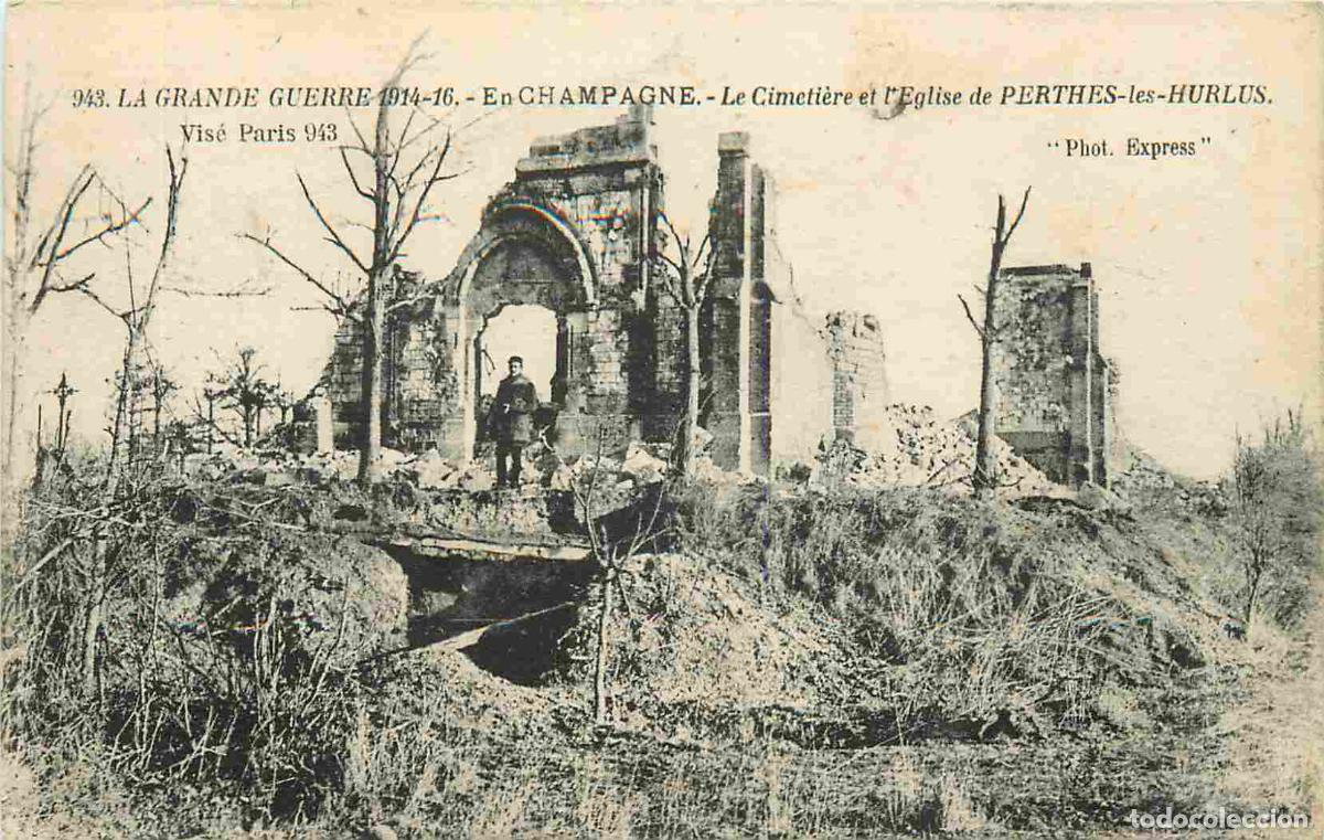 Cartes Postales: France - 51 - Perthes les Hulus - Guerre 1914-18 - Le cimeti&egrave;re et l'&eacute;glise - Anim&eacute;e - Ruines - CPA
