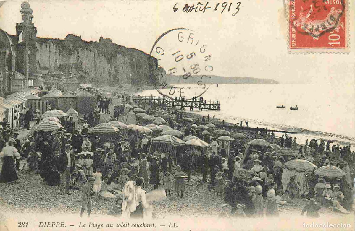 Postais: 76 - Dieppe - La plage au soleil couchant - Anim&eacute;e - CPA - Oblit&eacute;ration de 1913 - Etat froissures -