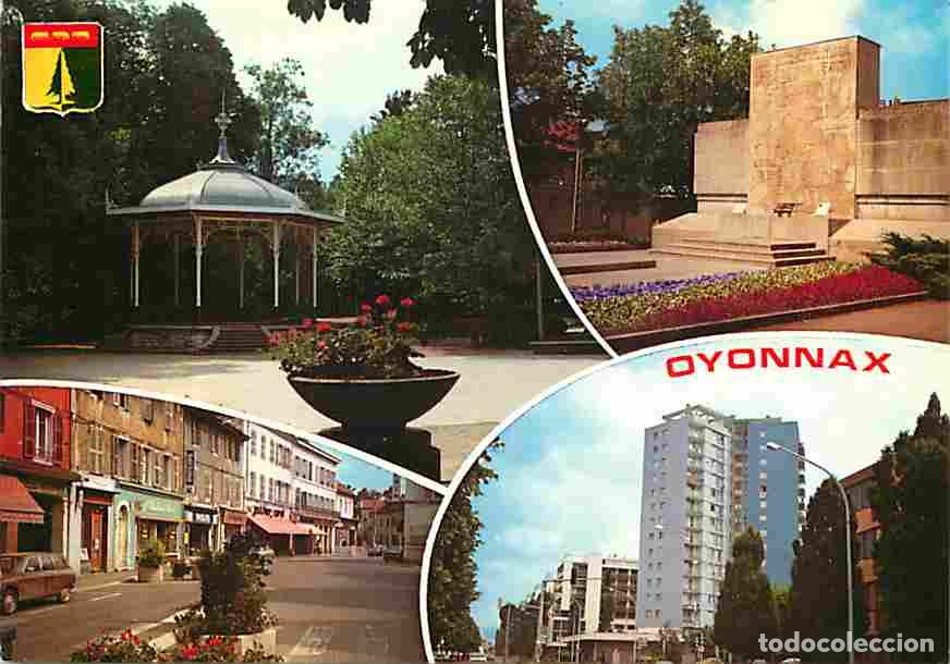 Postkarten: Francia - 01 - Oyonnax - Multivues - Automobiles - Immeubles - Kiosque &agrave; Musique - Blasons - CPM - V