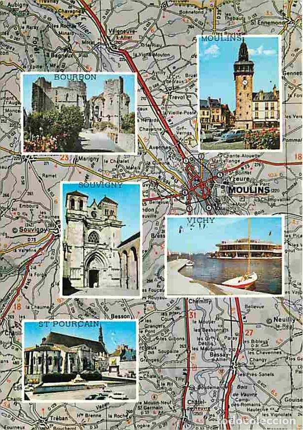 Postcards: Francia - 03 - Allier - Bourbonnais - Multivues - Carte G&eacute;ographique Michelin - Automobiles - CPM -