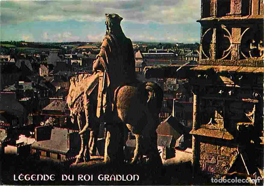 Postales: Francia - 29 - Quimper - La l&eacute;gende du Roi Gradlon - Statue entre les tours de la C&eacute;th&eacute;drale - Voir