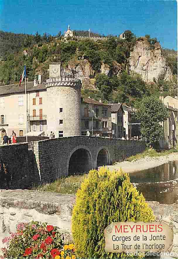 Postales: Francia - 48 - Meyrueis - Le Pont et la tour de l'horloge et les bords de la Jonte - Flamme Postale