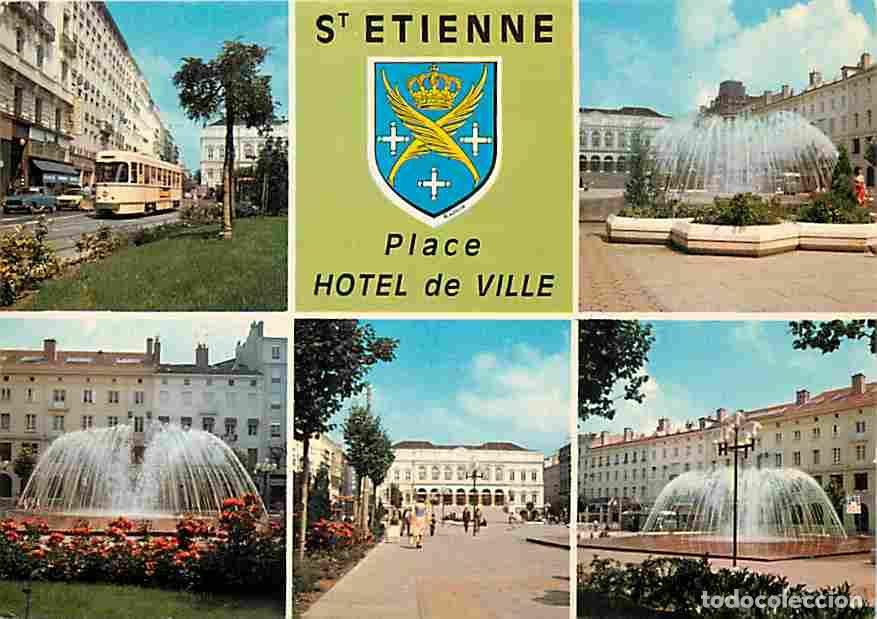 Cartoline: Francia - 42 - Saint-Etienne - Place de l'Hotel de Ville - Multivues - Tramway - Jets d'eau - Blason