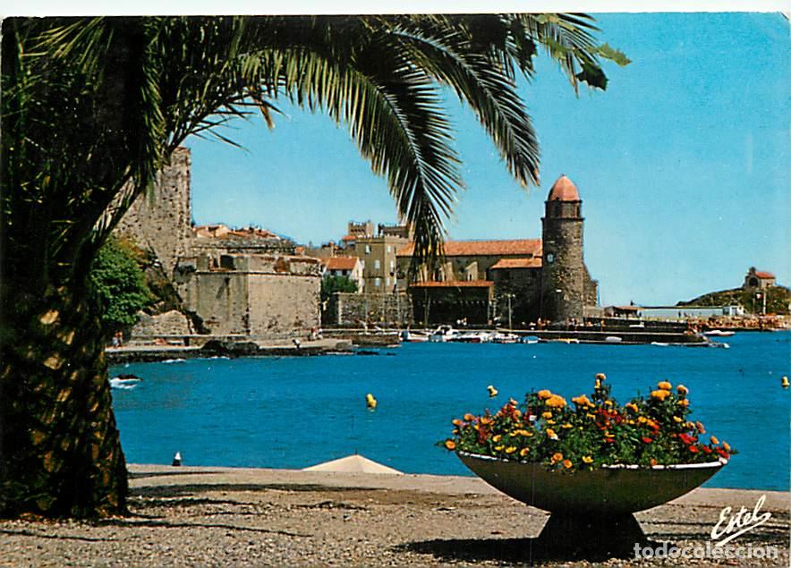 Postales: Francia - 66 - Collioure - Le vieux port l'&eacute;glise et son clocher autrefois tour du phare - Fleurs