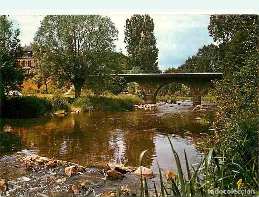 Postales: Francia - 72 - Saint L&eacute;onard des Bois - Le Pont sur la Sarthe et le Touring Hotel - Flamme Postale d