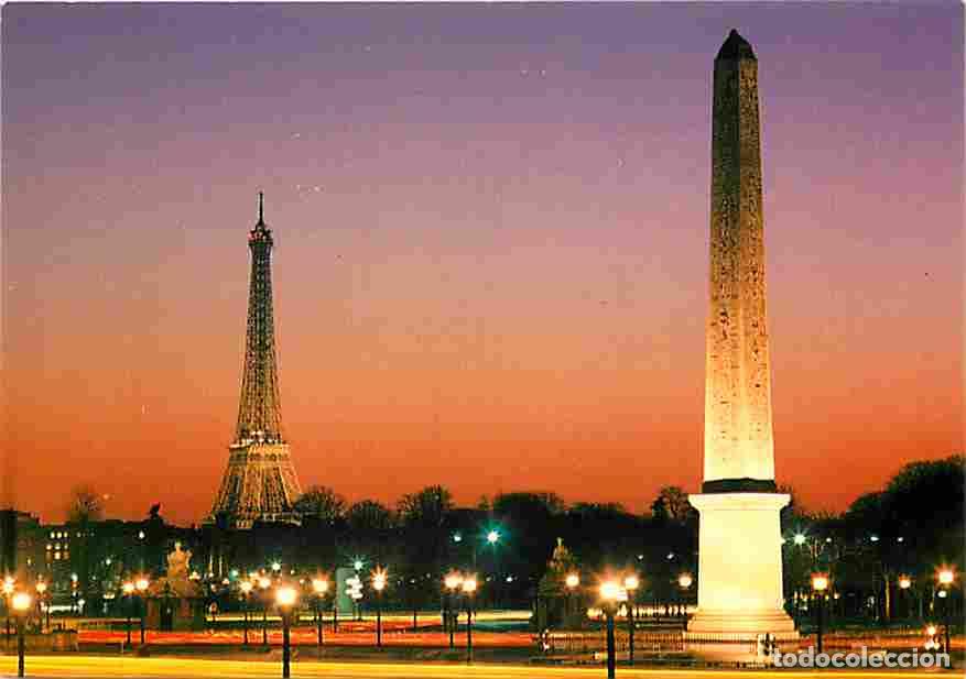 Postales: Francia - 75 - Paris - Place de la Concorde - ob&eacute;lisque de louqsor - La Tour Eiffel - Vue de Nuit -