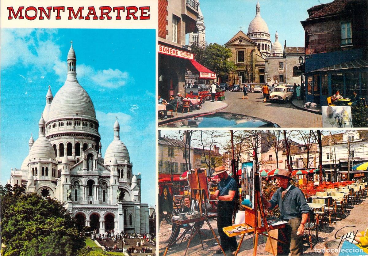 Postais: Postal de Par&iacute;s Montmartre: Bas&iacute;lica del Sacr&eacute;-C&oelig;ur y Artistas en Place du Tertre.