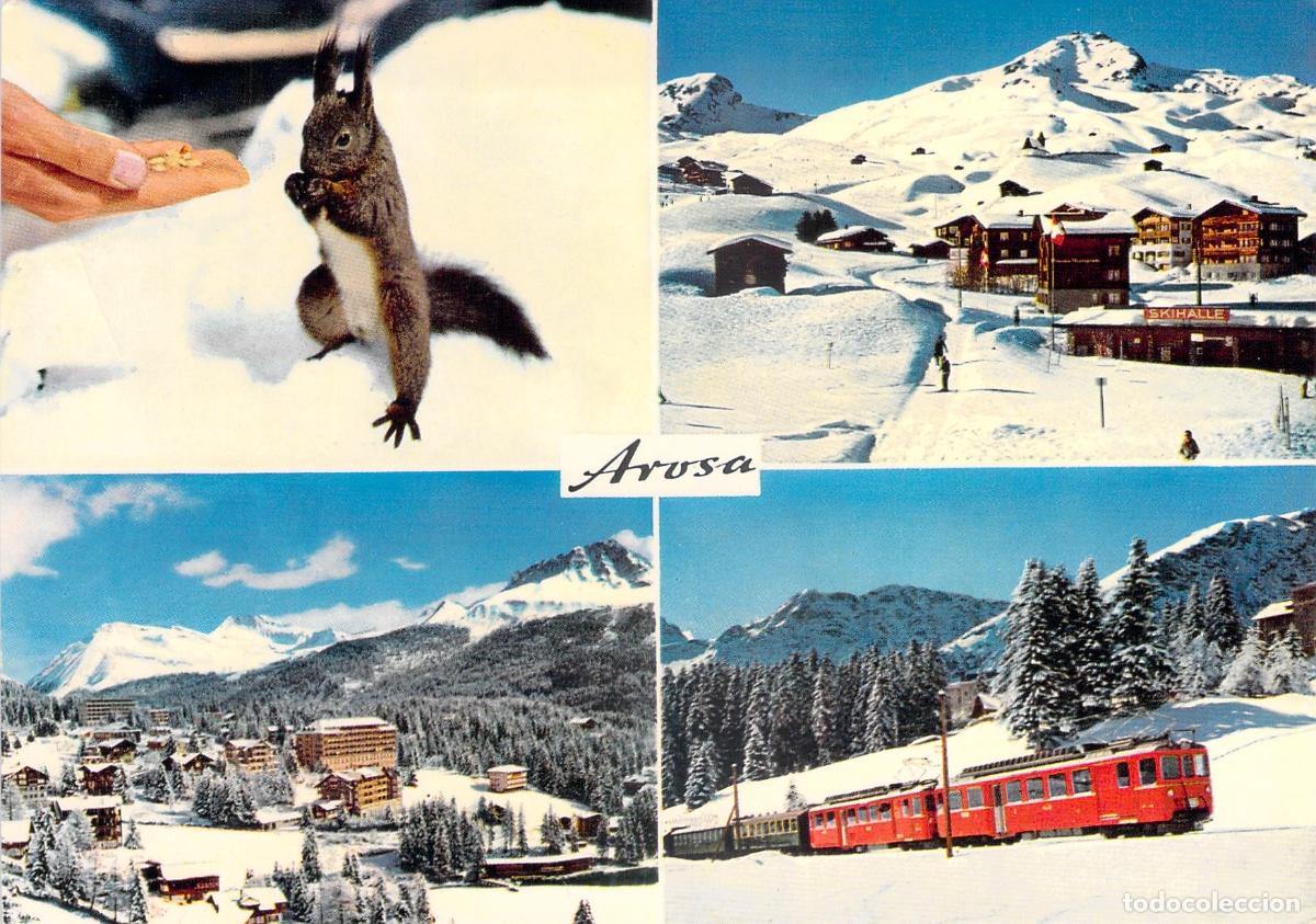 Postkarten: Postal Arosa Suiza, Vistas M&uacute;ltiples, Esqu&iacute;, Ferrocarril R&eacute;tico y Ardilla Alpina