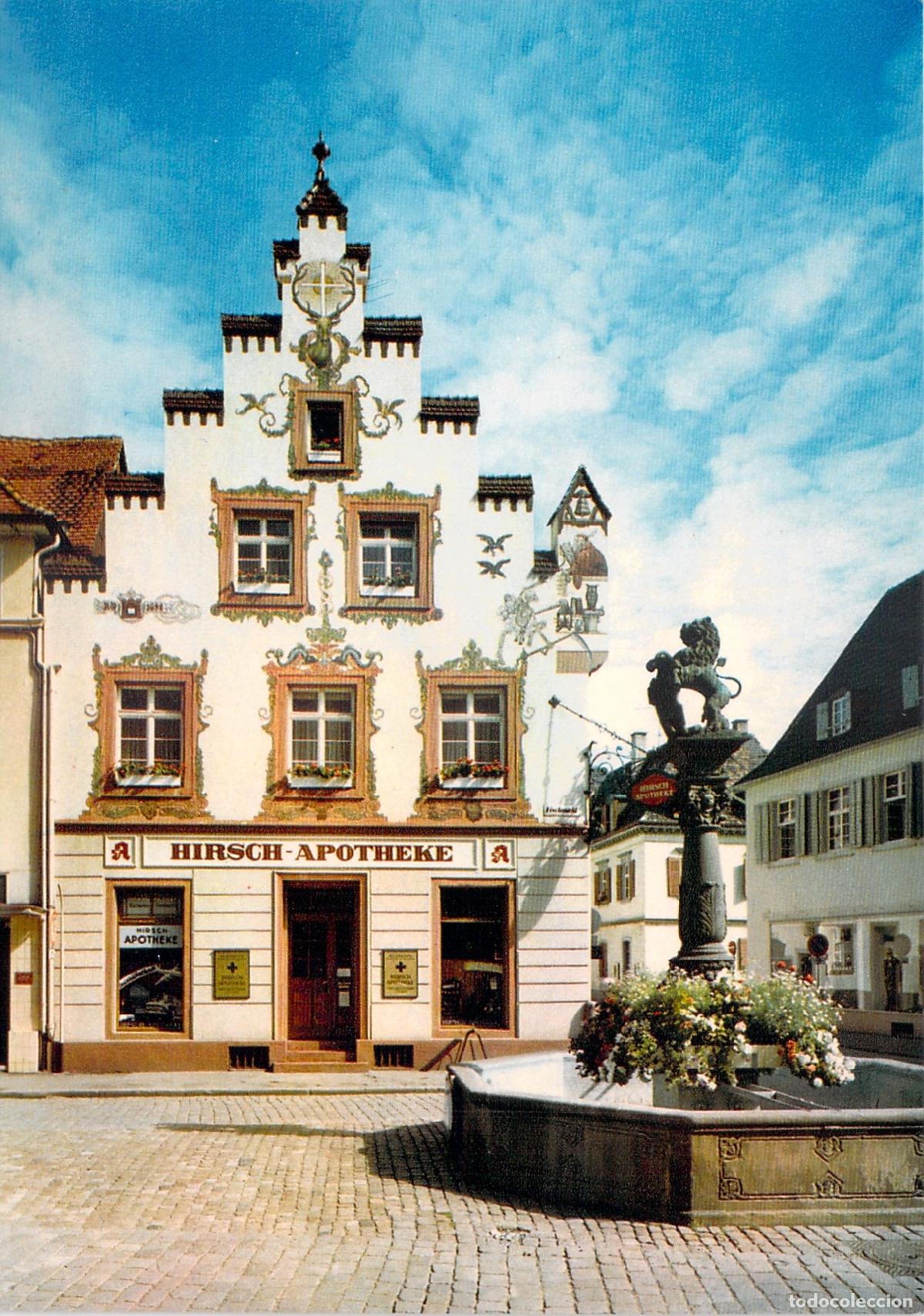 Postales: Postal Offenburg Baden: Hirsch-Apotheke y Fuente del Le&oacute;n, Plaza del Pescado