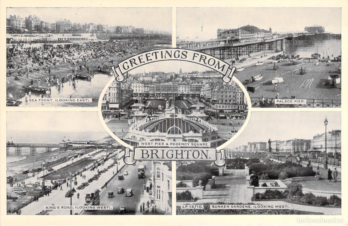 Cartoline: Postal M&uacute;ltiples Vistas de Brighton, Palace Pier y Malec&oacute;n, Gran Breta&ntilde;a.