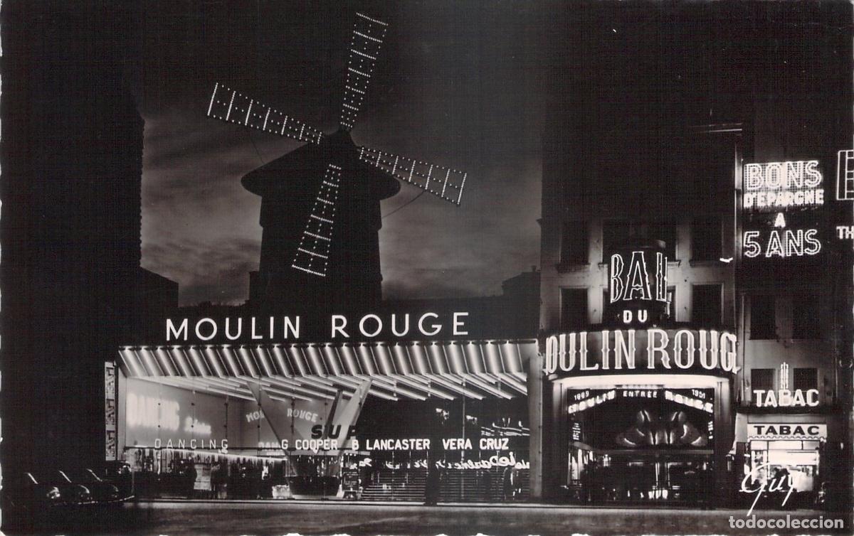 Postkarten: Postal Noche de Par&iacute;s: Moulin Rouge en Montmartre, Fotograf&iacute;a Verdadera