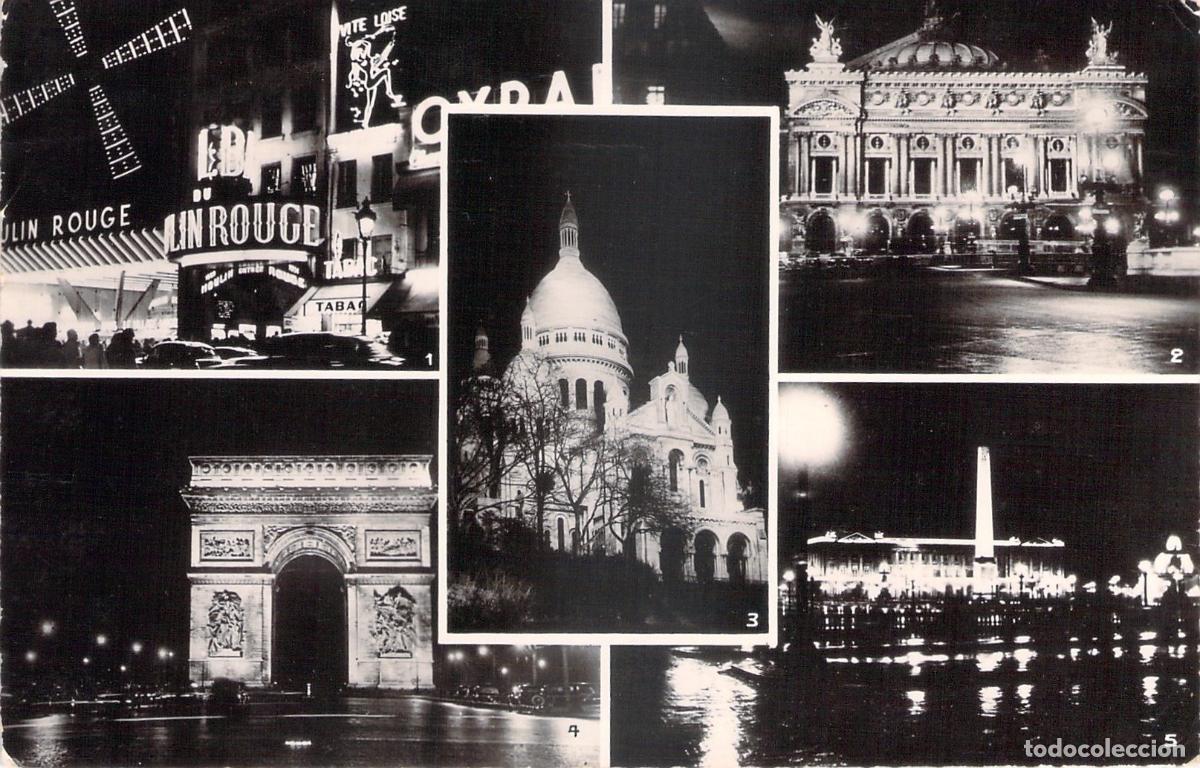 Postkarten: Postal de Par&iacute;s de Noche, Vistas M&uacute;ltiples: Moulin Rouge, Sacr&eacute;-C&oelig;ur, Arco