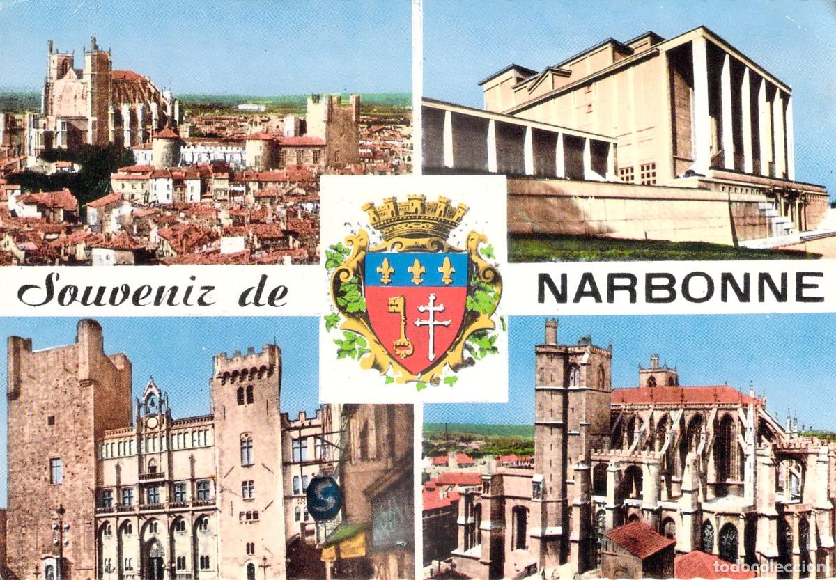 Postkarten: Postal Narbonne Francia, Vistas de la Ciudad, Catedral Saint-Just y Palacio del Trabajo