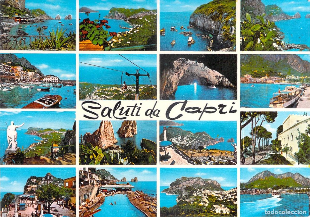 Cartoline: Postal de Capri, Italia - M&uacute;ltiples Vistas: Faraglioni, Puertos y Playa