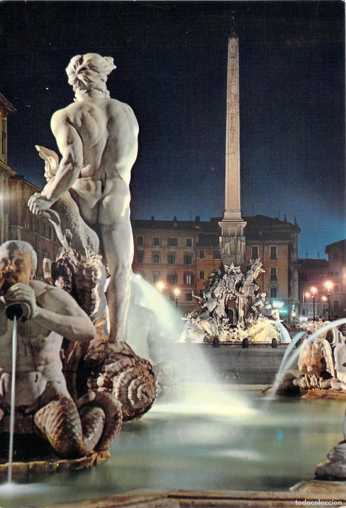 Postales: Postal de Roma, Vista Nocturna de la Fuente en Piazza Navona, Italia