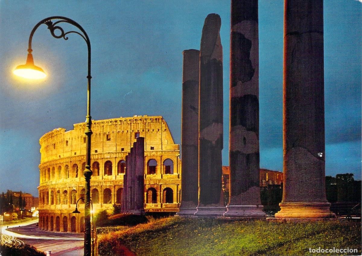 Postkarten: Postal Coliseo Romano de Noche y Columnas Monumentales, Vista Iluminada