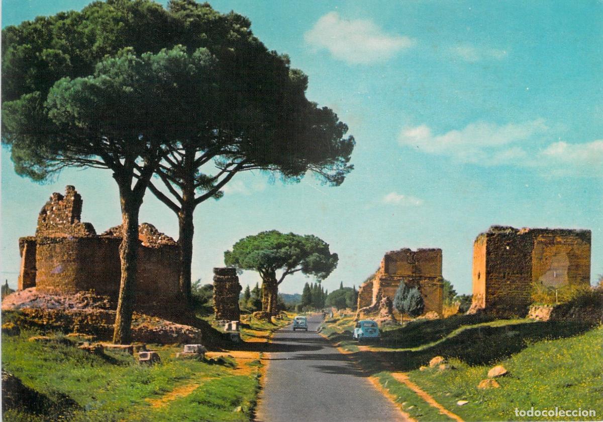 Postkarten: Postal de Roma: V&iacute;a Apia Antica, Ruinas Romanas y Pinos (Italia)