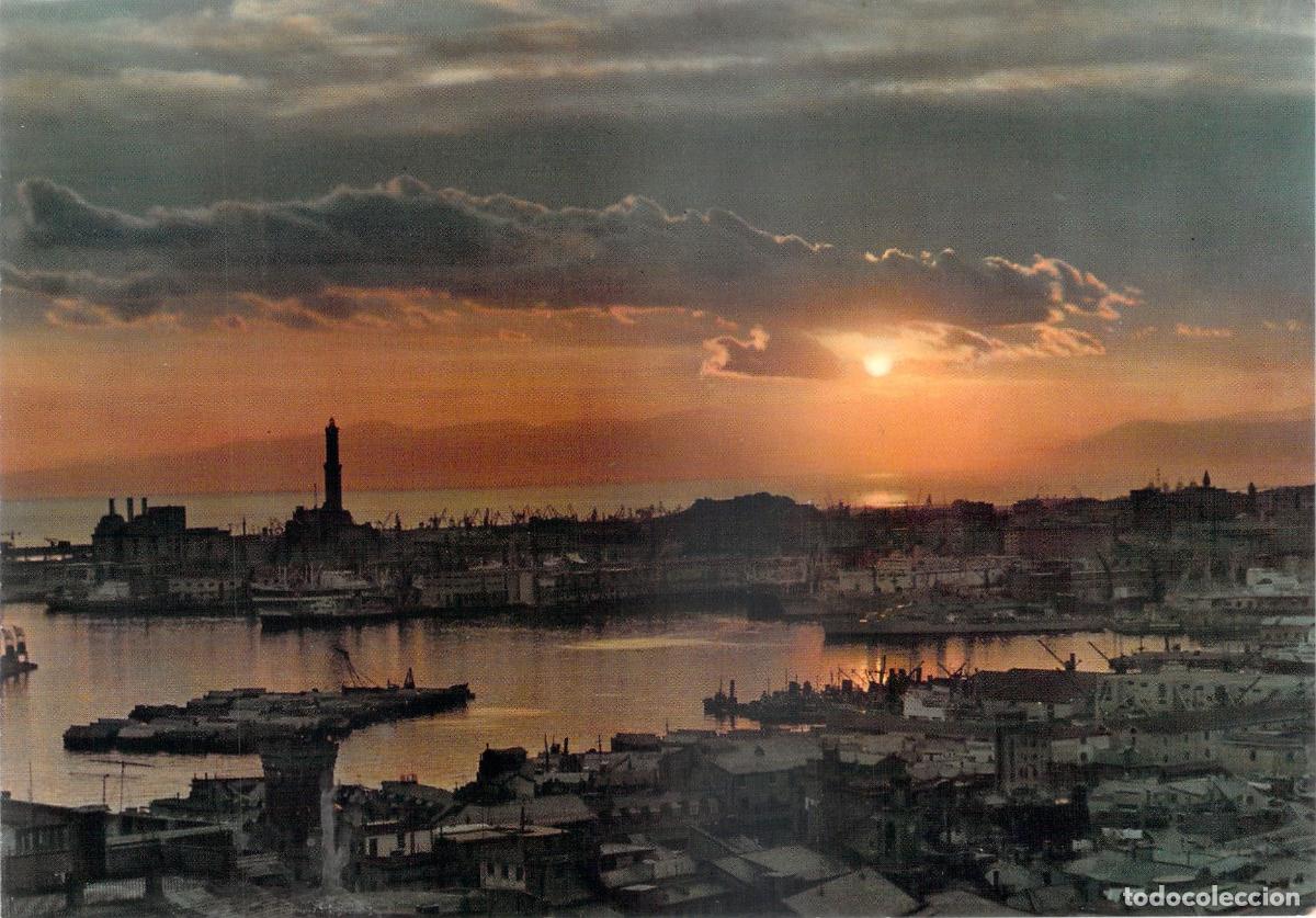Postkarten: Postal G&eacute;nova Italia Puesta de Sol sobre el Puerto Tramonto Lanterna