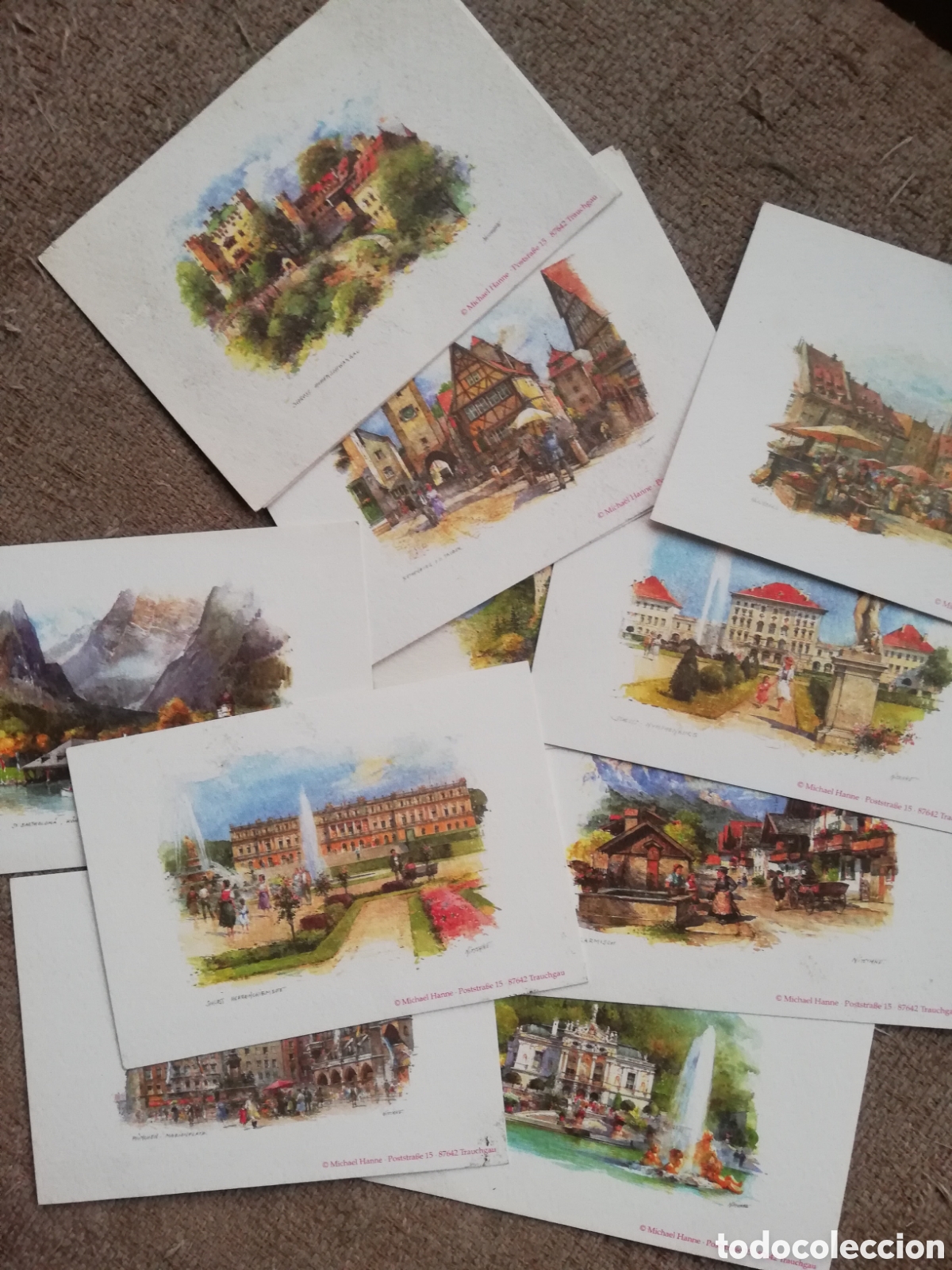 Postales: Lote 12 postales de acuarelas de Detlev Nitschke. Michael Hanne Poststrasse