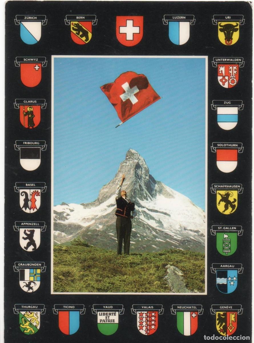 Postais: Suiza- Monte Cervin y escudos suizos- sin circular