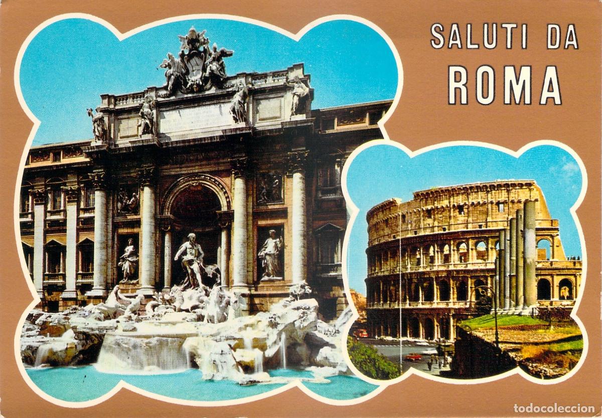 Cartoline: Postal Roma Saludos, Coliseo y Fontana di Trevi, Italia, Monumentos Famosos