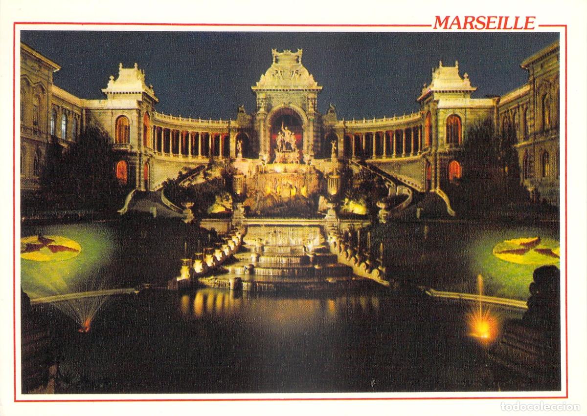 Postales: Postal Marsella, Francia - Palacio Longchamp Iluminado, Escena Nocturna