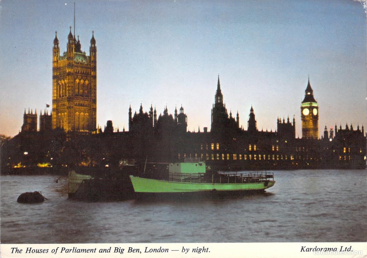 Postales: Postal Casas del Parlamento y Big Ben, Londres de Noche, Vista del R&iacute;o