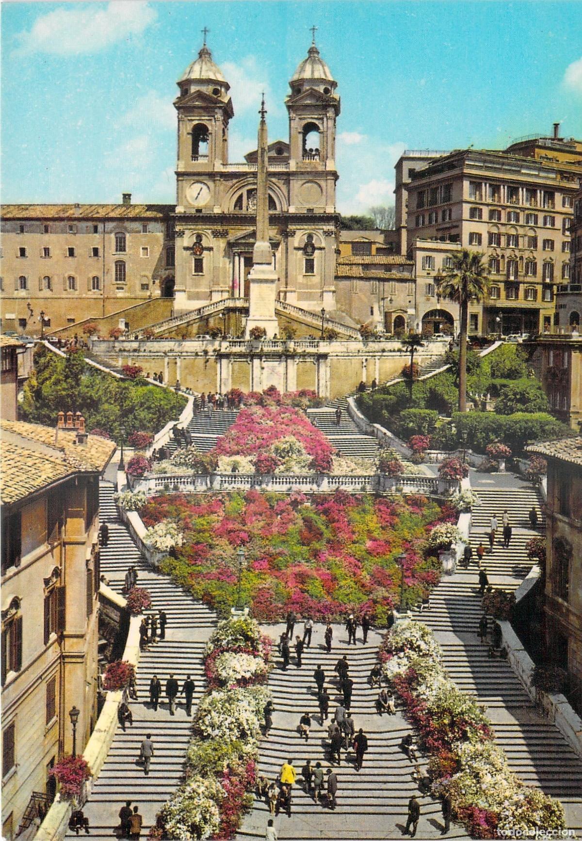 Postais: Postal de Roma: Plaza de Espa&ntilde;a y Escaleras con Flores, Trinit&agrave; dei Monti