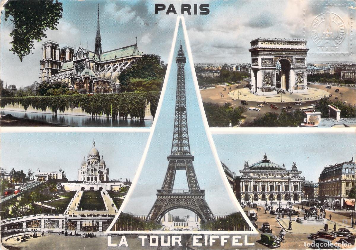 Postcards: Postal Par&iacute;s: Montaje Tour Eiffel, Notre-Dame, Arco Triunfo, Op&eacute;ra Garnier