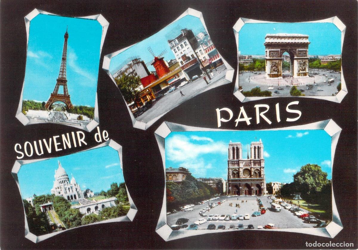 Postais: Postal Souvenir de Par&iacute;s: Collage de la Torre Eiffel, Notre Dame y Arco del Triunfo