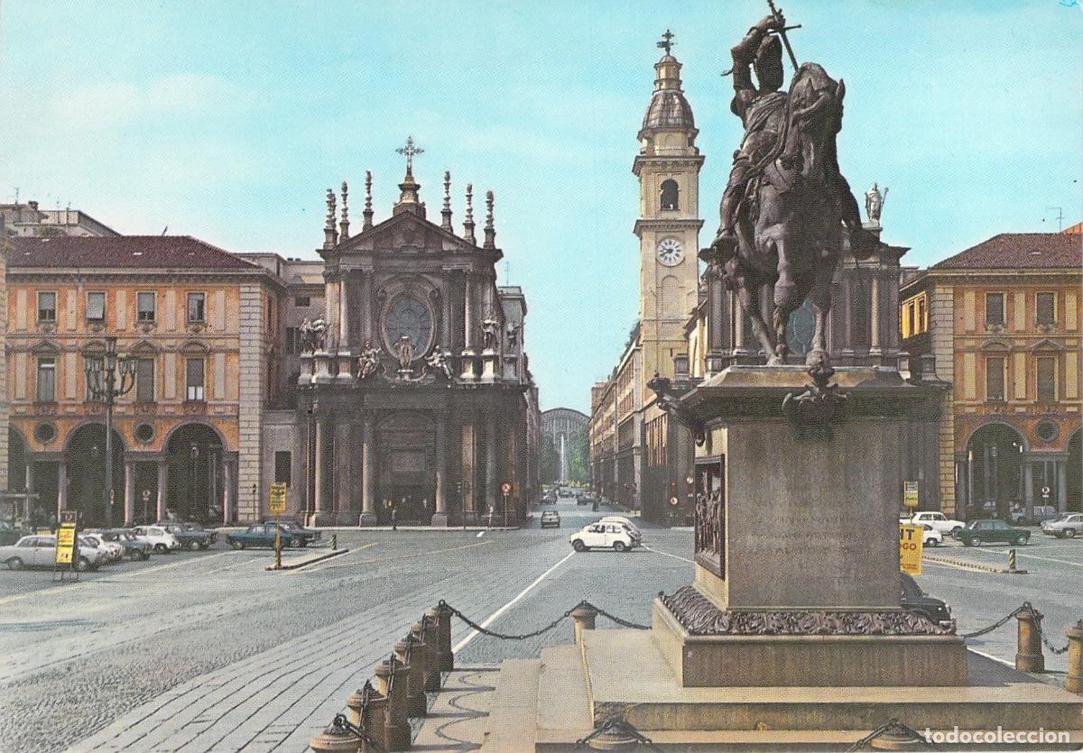 Postkarten: Postal de Torino Italia: Piazza S. Carlo y Monumento Ecuestre (Caval 'd Br&ocirc;ns)