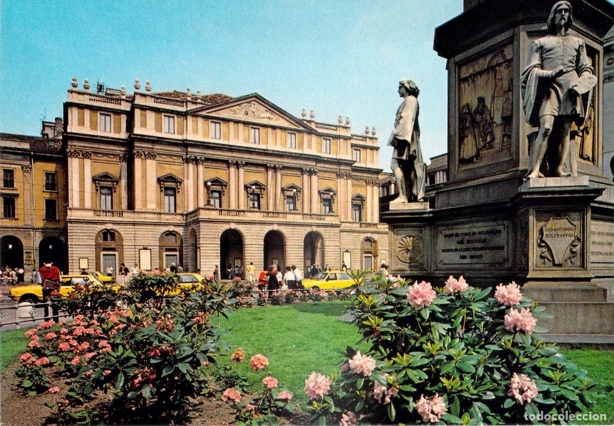 Postkarten: Postal Milano: Piazza della Scala, Teatro alla Scala y Monumento Da Vinci