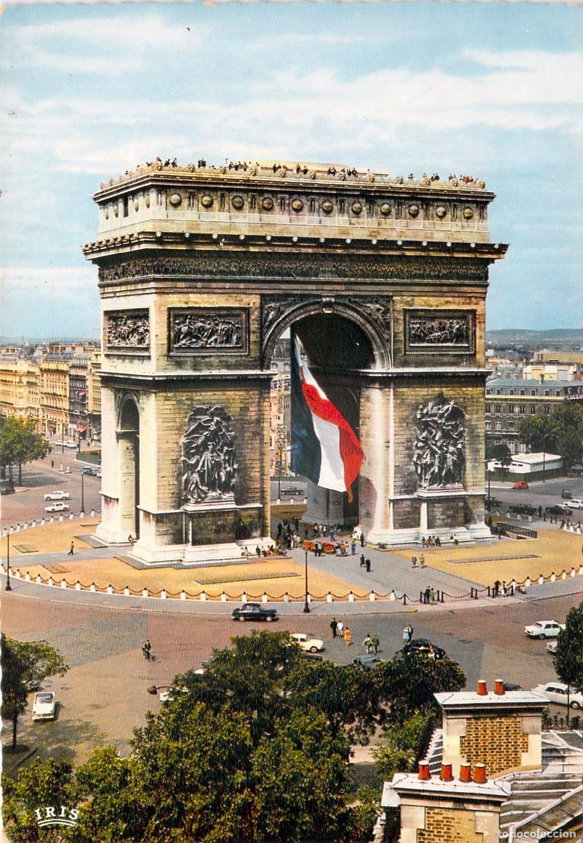 Cartoline: Postal Arco del Triunfo Par&iacute;s, Monumento Hist&oacute;rico, Bandera de Francia