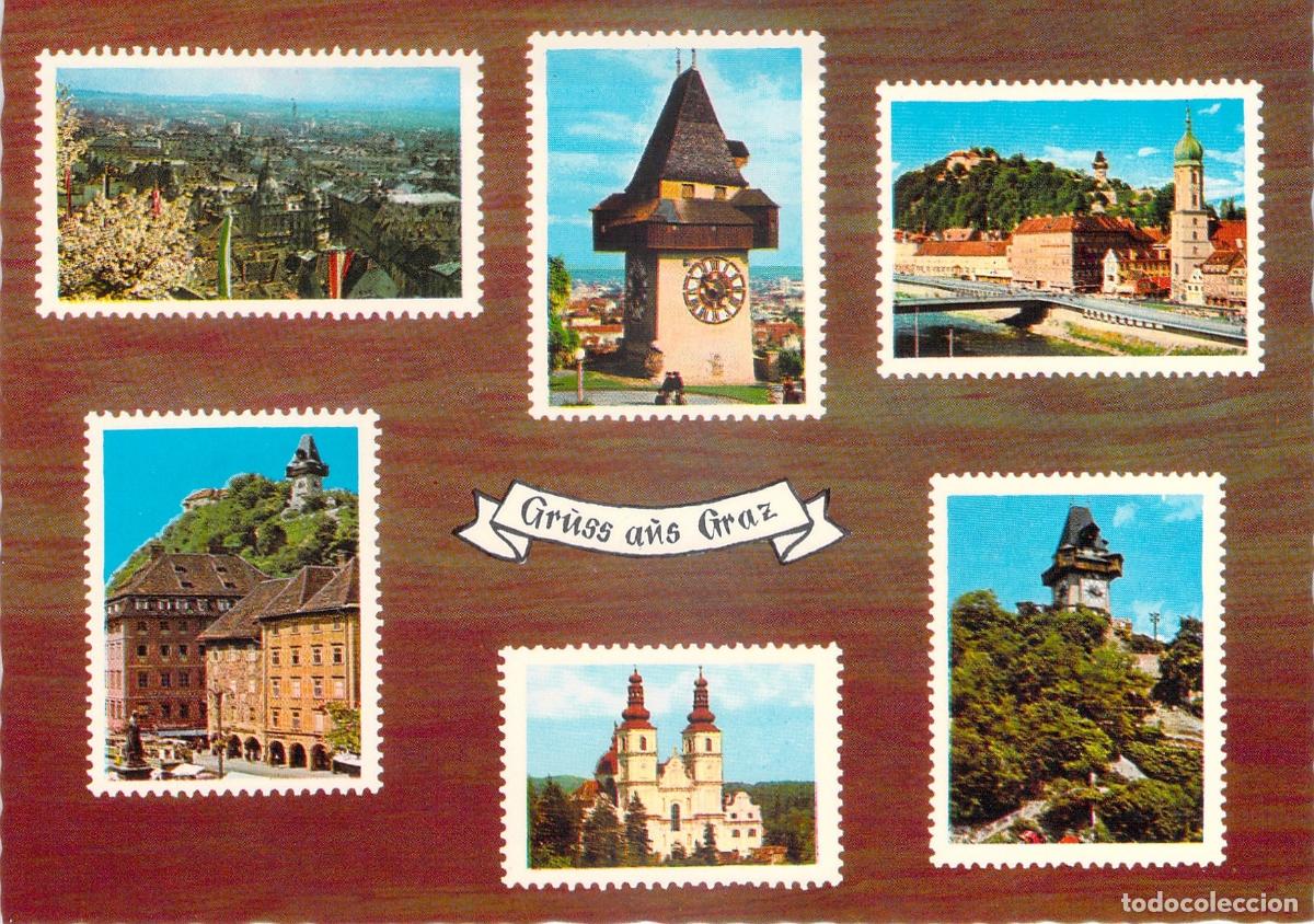 Postales: Postal con M&uacute;ltiples Vistas de Graz, Austria: Uhrturm y Schlossberg