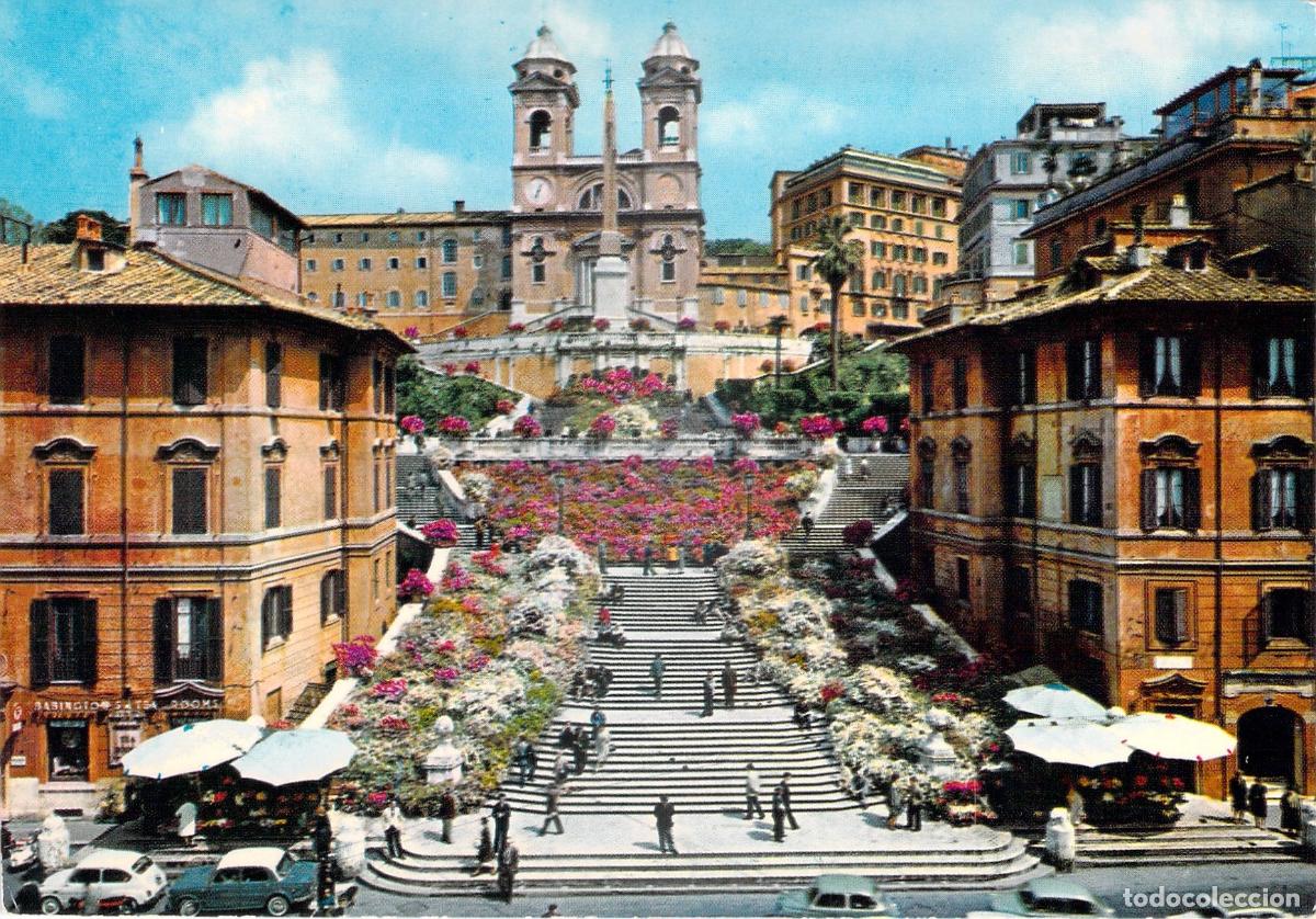 Postcards: Postal Roma: Scalinata della Trinit&agrave; dei Monti y Piazza di Spagna con Flores