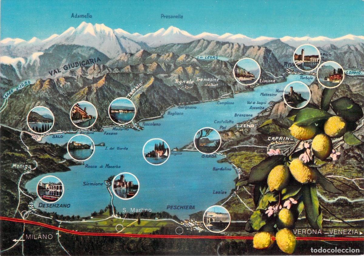 Postkarten: Postal Mapa Ilustrado Lago di Garda Italia Sirmione Sal&ograve; Limones Tur&iacute;stico