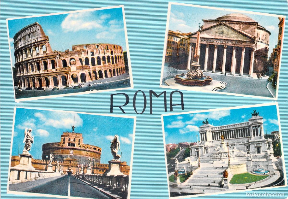 Postais: Postal de Roma: Coliseo, Pante&oacute;n, Castillo Sant'Angelo y Vittoriano