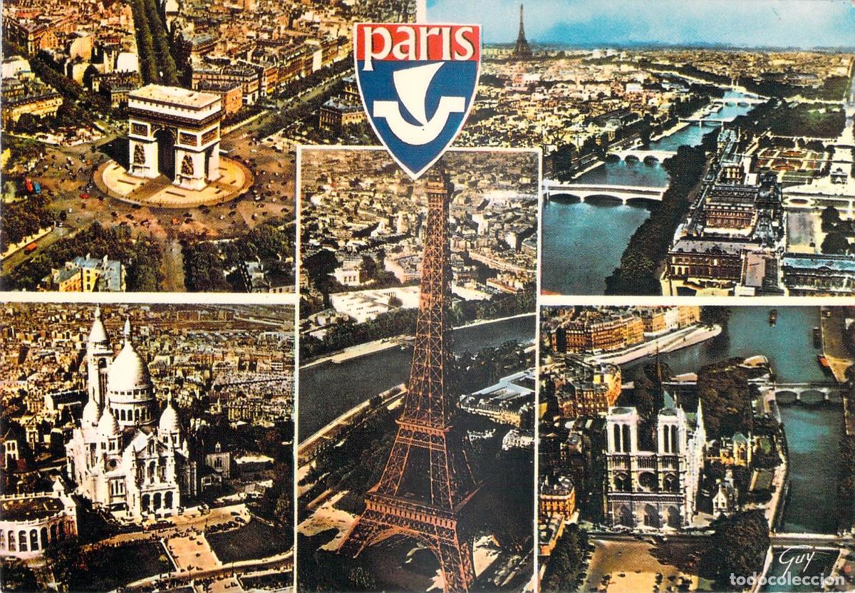 Postkarten: Postal Par&iacute;s Panor&aacute;mica A&eacute;rea Arc de Triomphe Tour Eiffel Notre Dame Sacr&eacute;-C&oelig;ur
