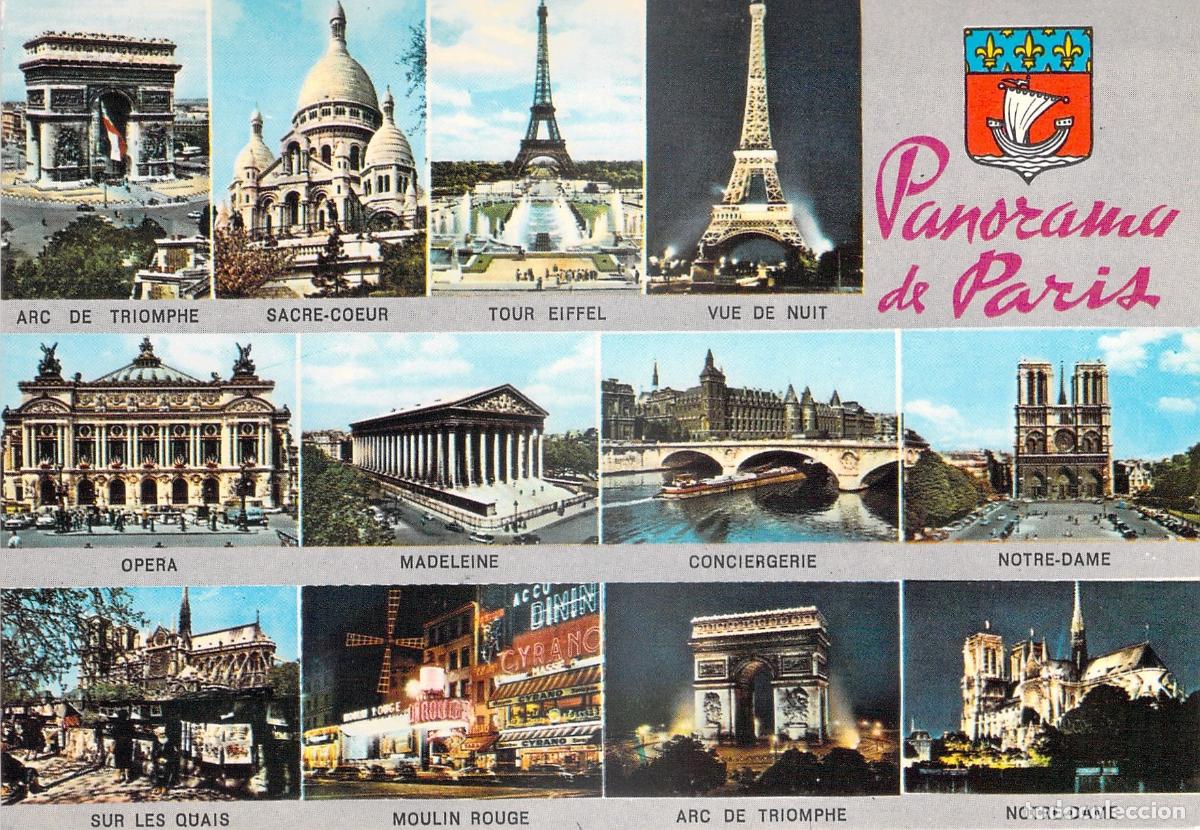 Postcards: Postal Panorama de Par&iacute;s Monumentos Famosos Arco Triunfo Torre Eiffel Conciergerie