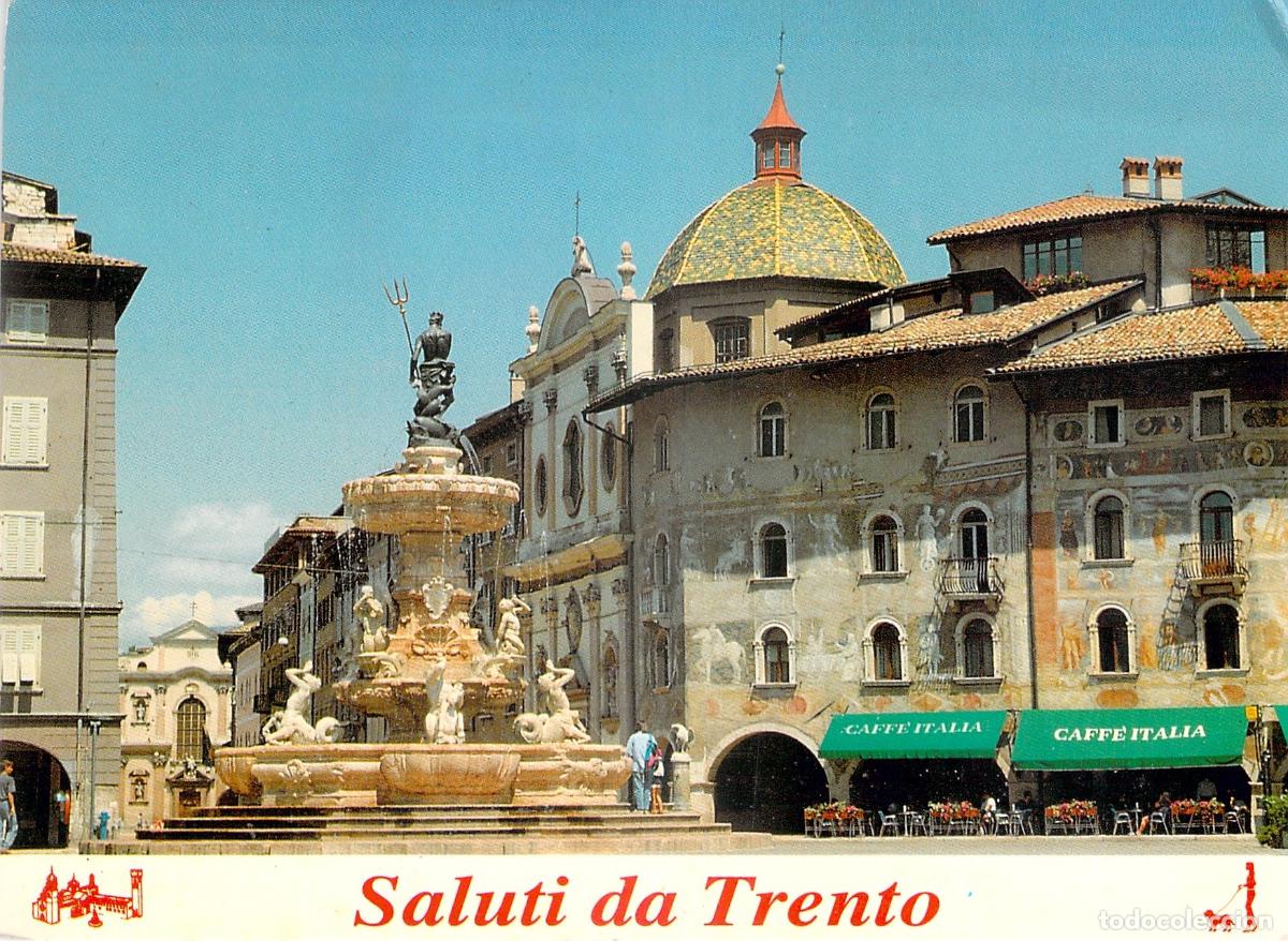 Postales: Postal Trento - Fontana del Nettuno y Frescos Casa Rella, Trentino, Italia